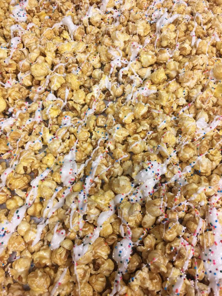 Gourmet Birthday Cake Popcorn with White Chocolate Icing Sprinkles
