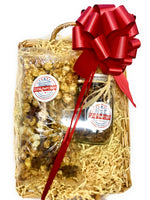 Caramel Pecan Popcorn and Frosted Nuts in a Mason Jar Gift Basket